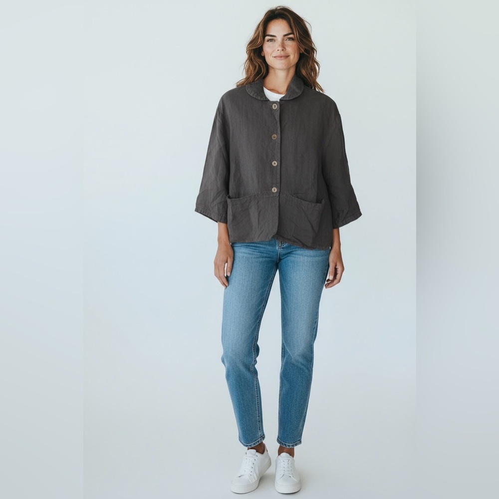 Elemente Clemente Grey Lagenlook Organic Linen Button-Up Jacket Size 0, XS/Small